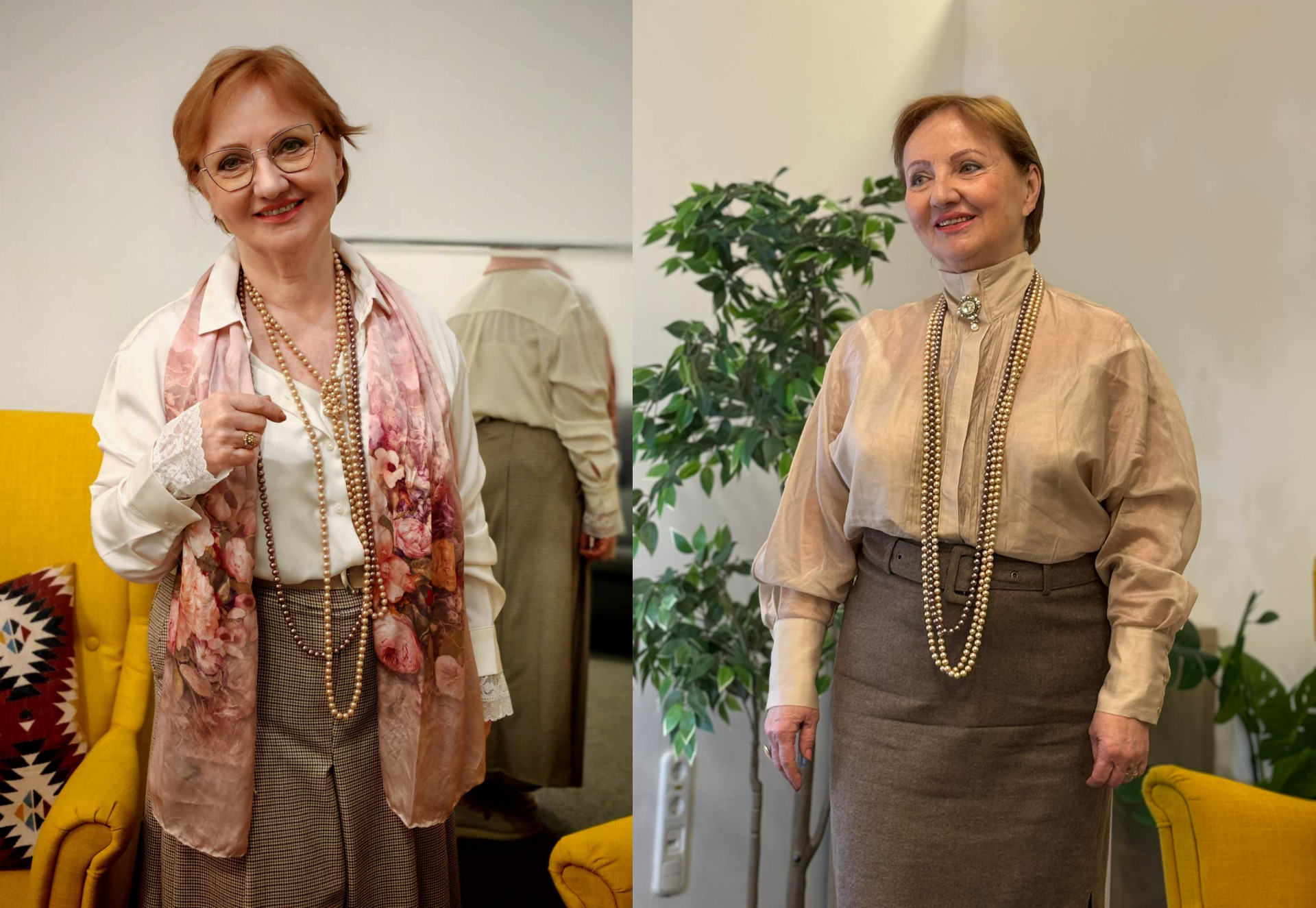 Elelgáns női öltözködés gyöngysorral 