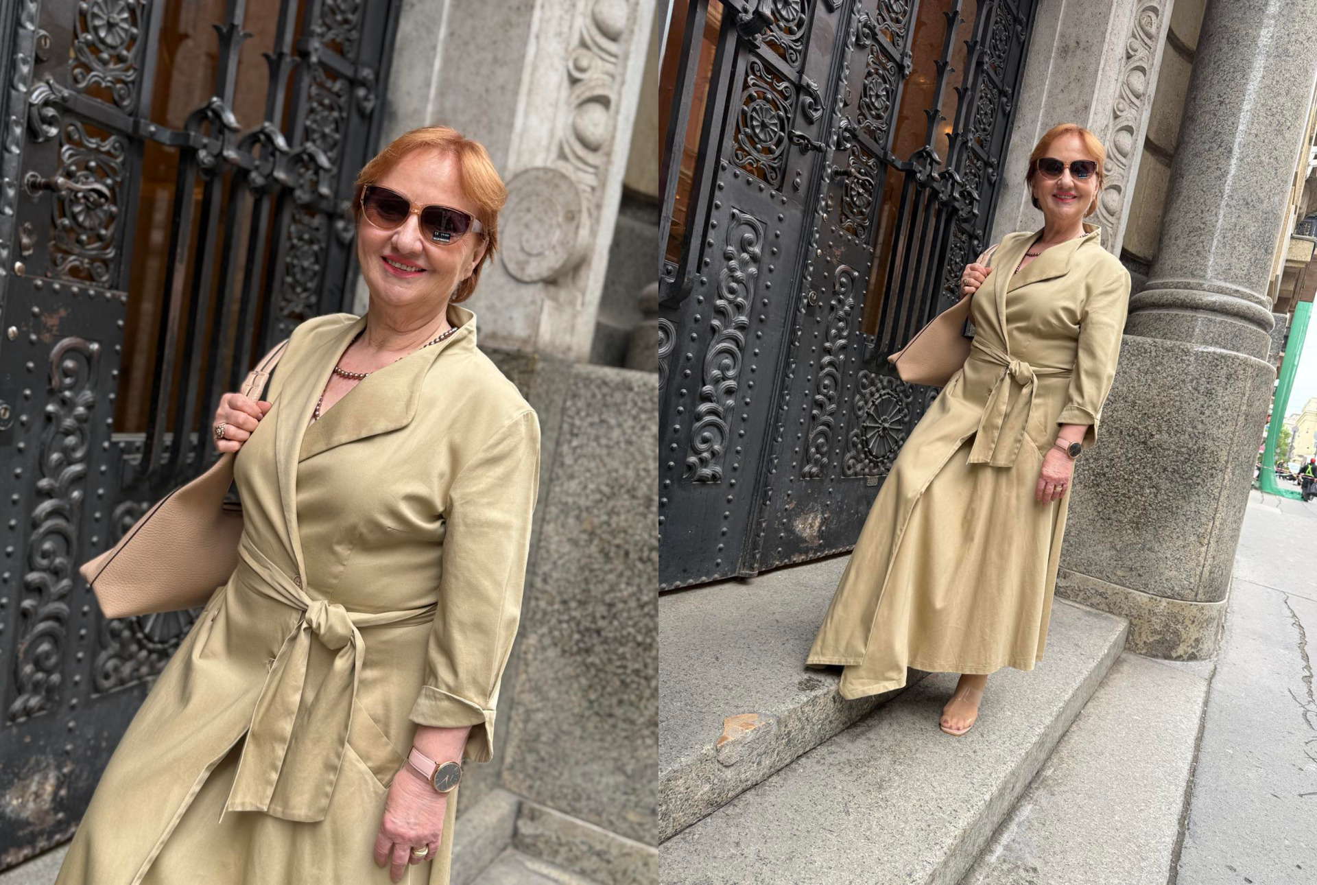 Elegáns női öltözködés bézs színkombinációval